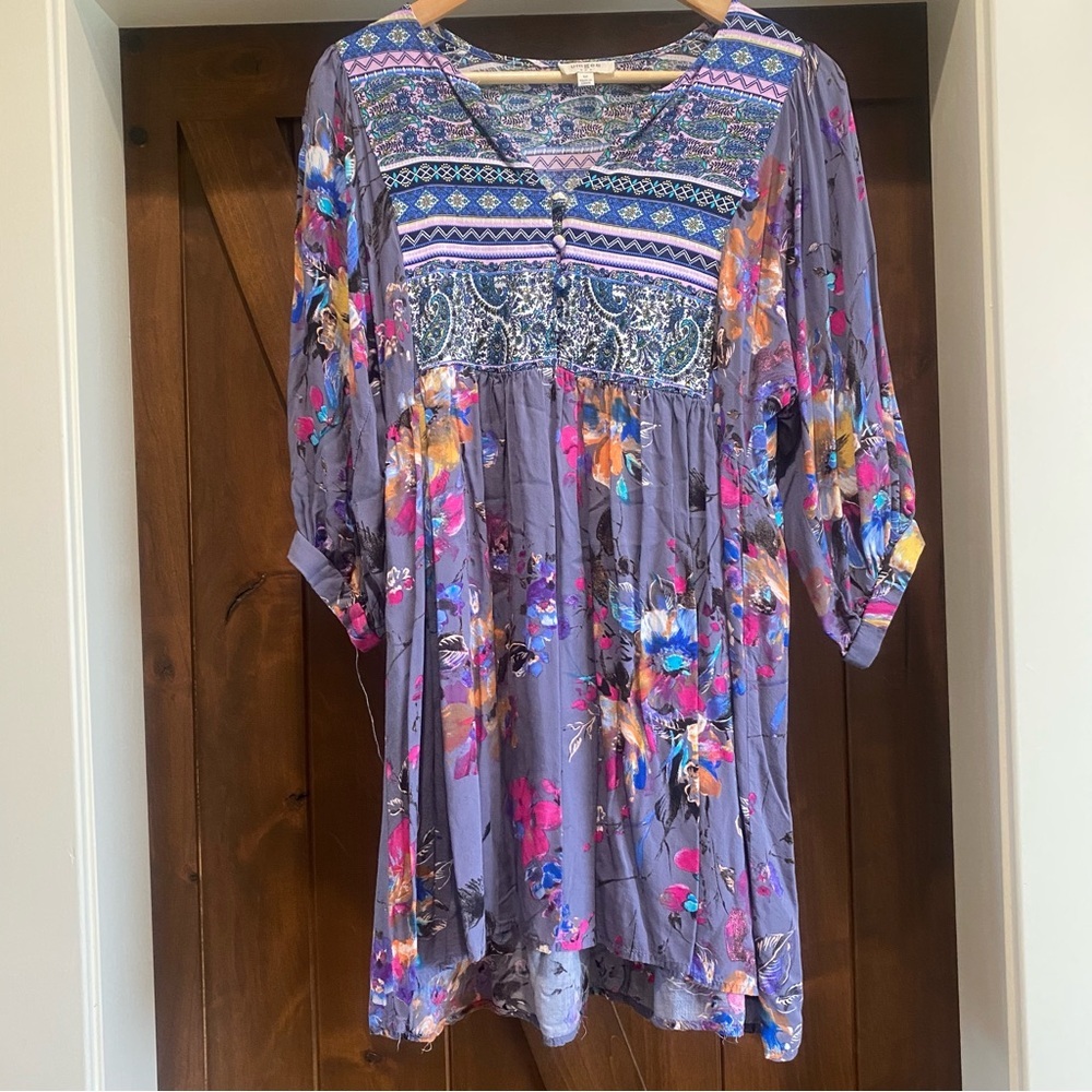 Umgee Women’s Dress Purple Floral Boho Tunic Twirl Balloon Sleeves Size Medium - Picture 1 of 6